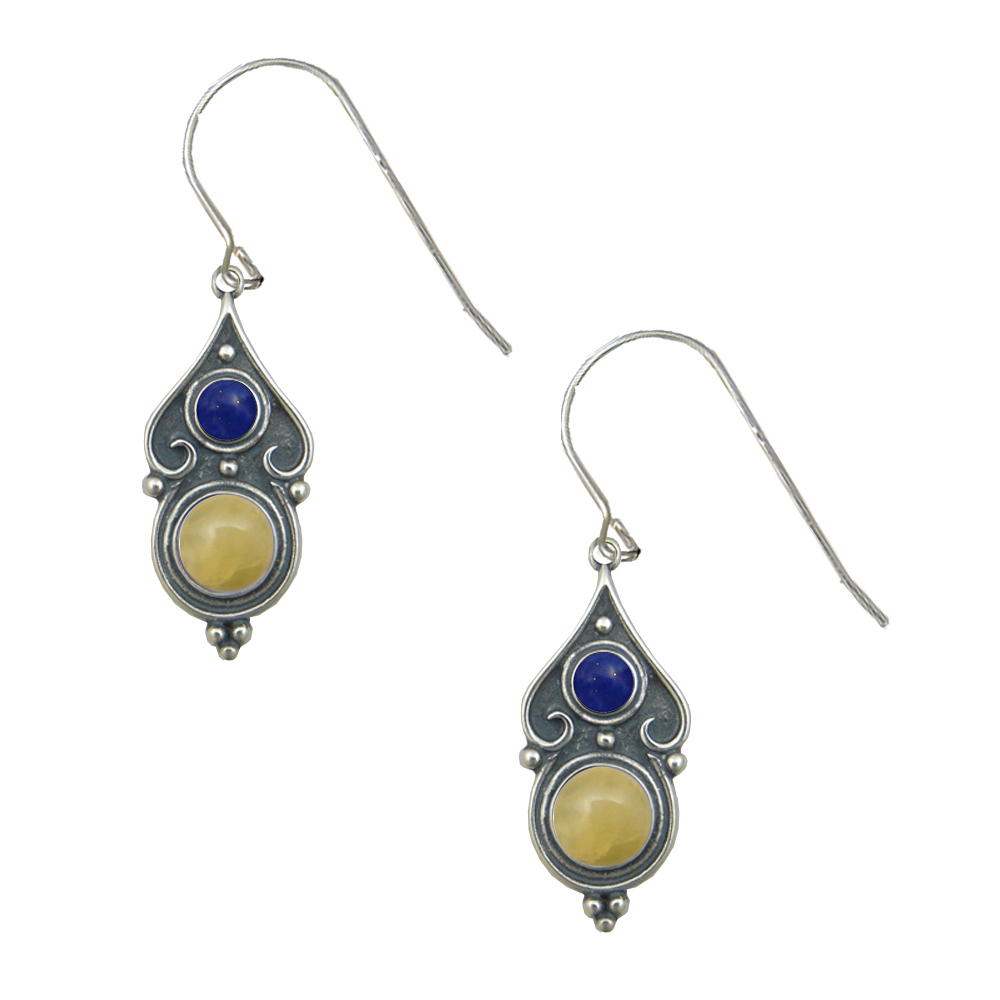 Sterling Silver Designer Post Stud Earrings With Yellow Aragonite And Lapis Lazuli